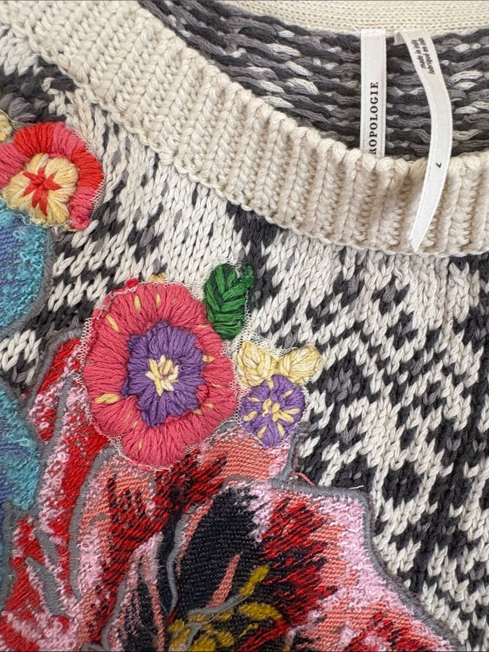 Anthropologie Cream Cable-Knit Sweater with Multicolor Floral Embroidery - Picture 4 of 5